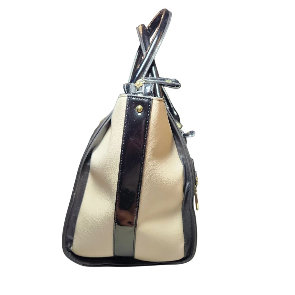 London Fog Handbag Large Tote Faux Vegan Leather Black Cream Gold Classic Preppy